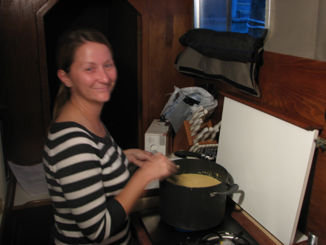 Roxanne cooking a crawfish bisque.